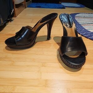 VINTAGE Arden B Black Open-Toe HEELS Hand Stitched Leather Platform Brazil Sz 6